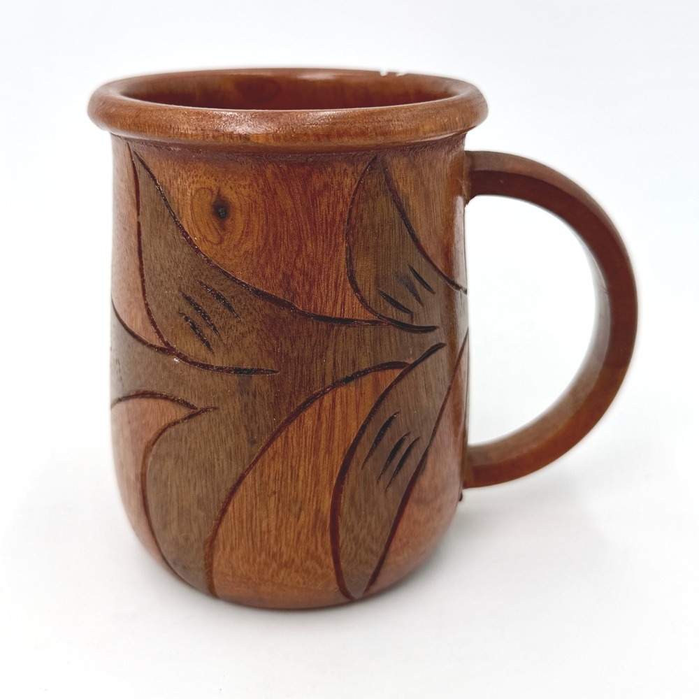 Vintage Hand Carved Wood Mug Tropical Leaf Etched Tiki Boho Brown Cup‎